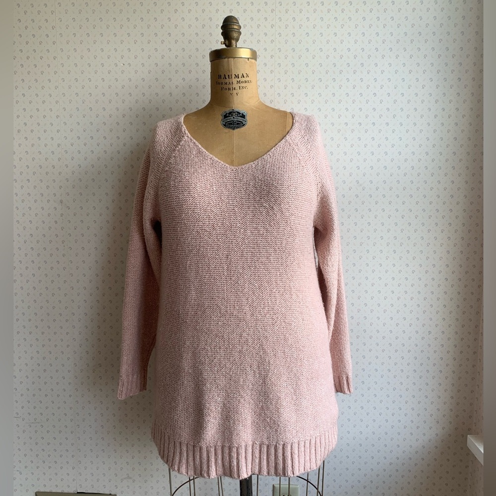 Lauren Ralph Lauren V Neck Tunic Sweater Pink Marled sz Large PW14